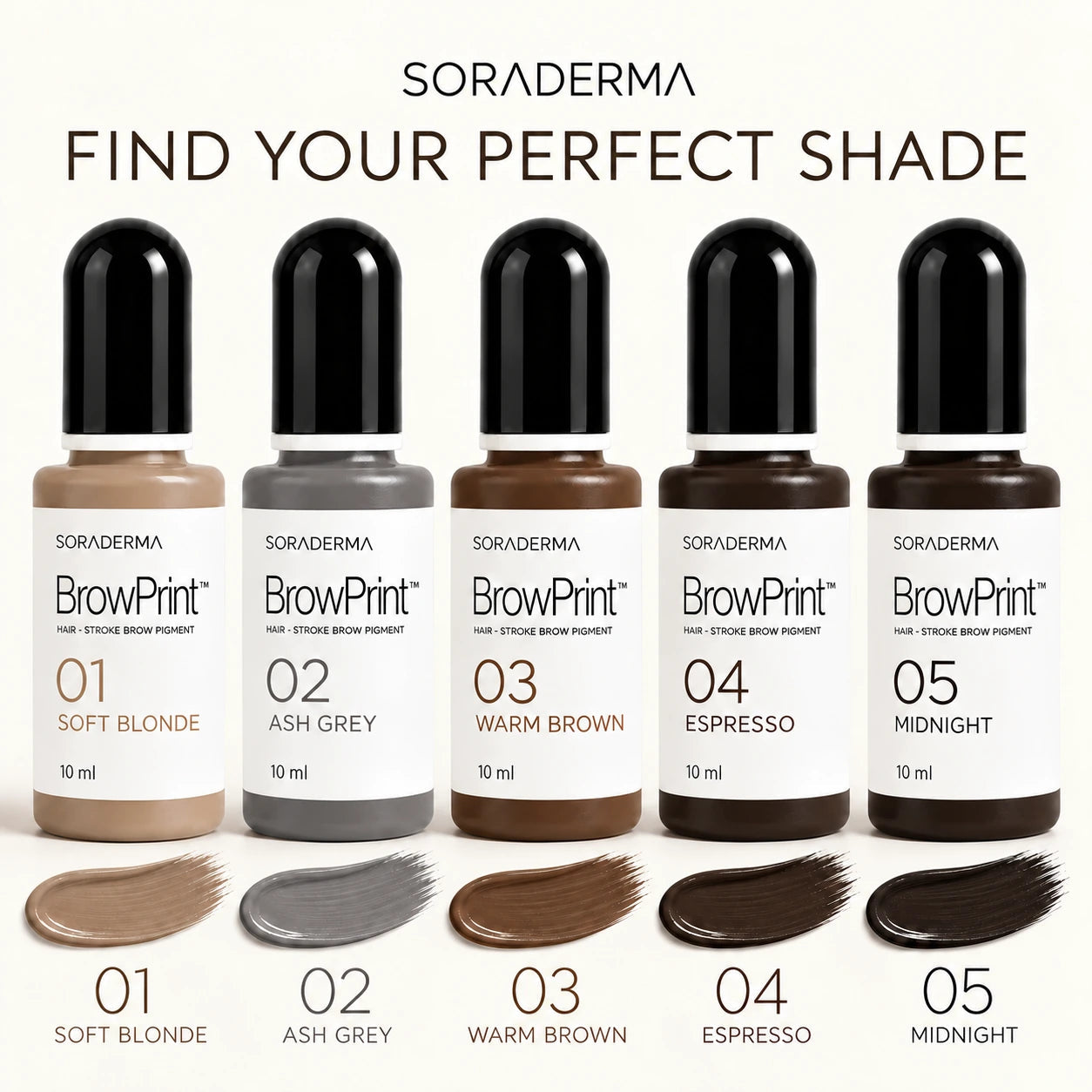 BrowPrint pigment shade guide with Soft Blonde, Ash Grey, Warm Brown, Espresso and Midnight
