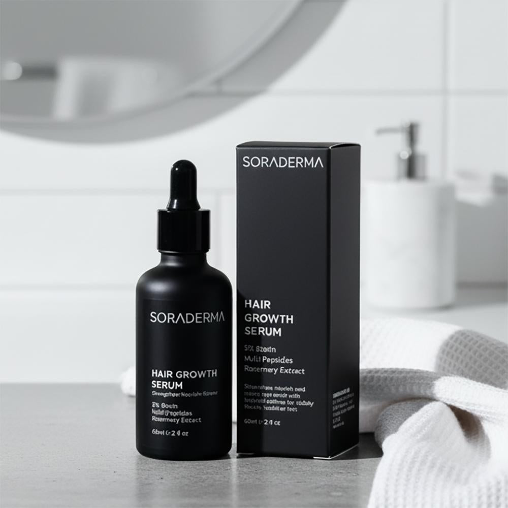 Soraderma serum on bathroom counter