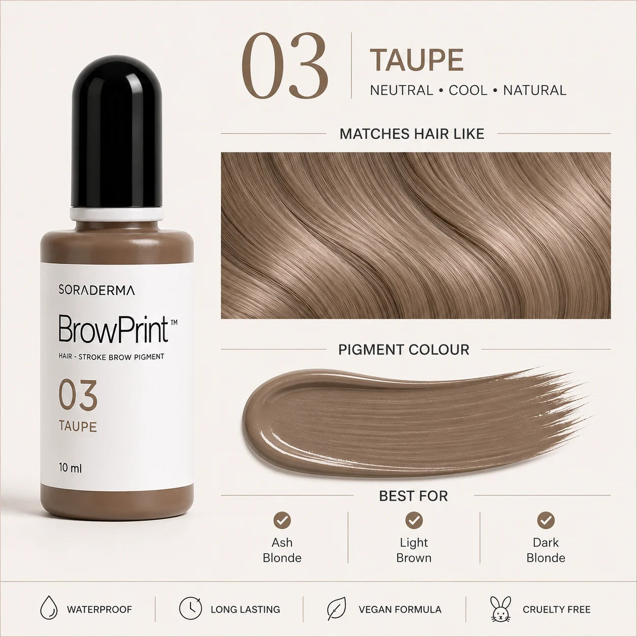 03 Taupe BrowPrint pigment, undertone and hair colour matches